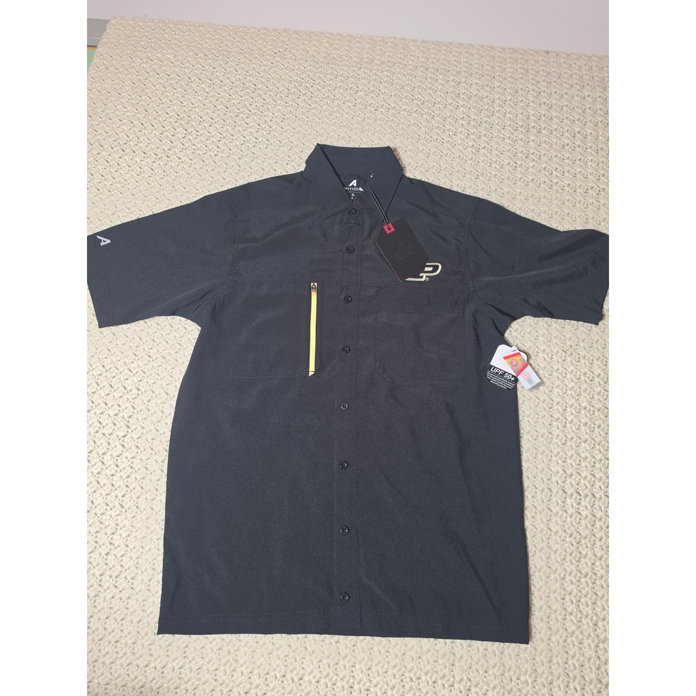 Antigua Purdue Kickoff Shirt Mens Small Black NWT Short Sleeve P Logo Button Up